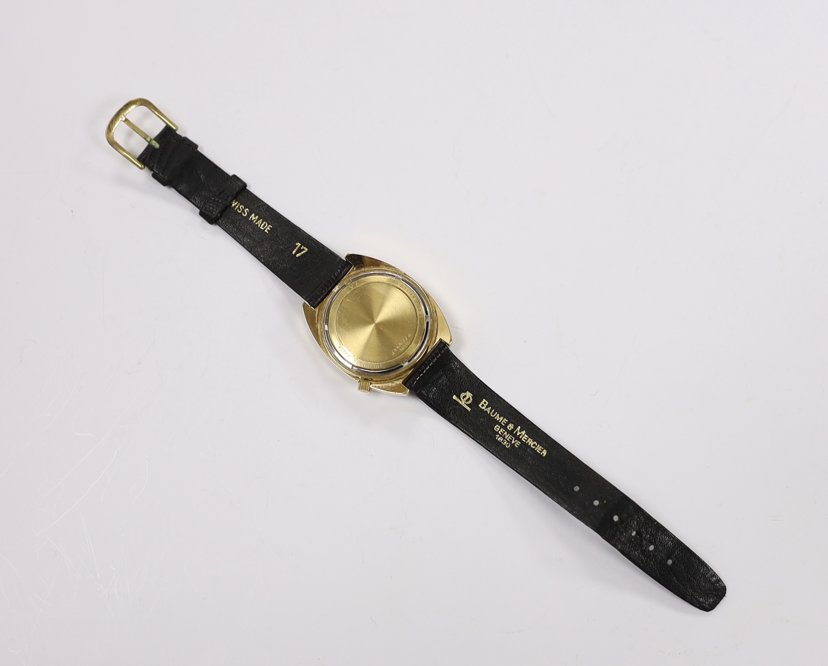 A gentleman's steel and 14kt gold filled Bulova Accutron All Road Approved, on a Baume & Mercier strap, case diameter 35mm.